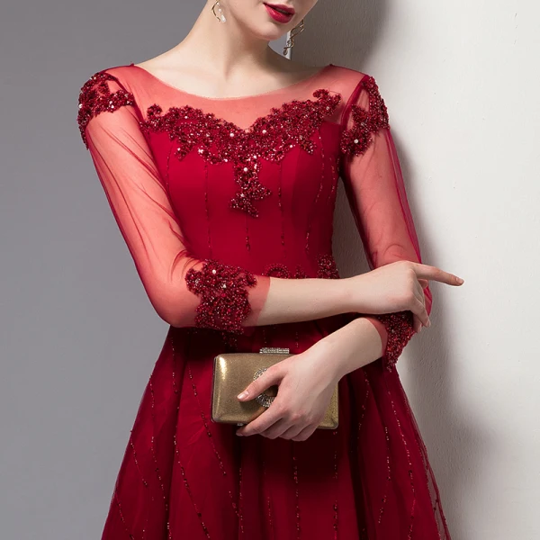 Classy Burgundy Evening Dresses 2020 A-Line / Princess Scoop Neck Beading Crystal Sequins 3/4 Sleeve Ankle Length Formal Dresses