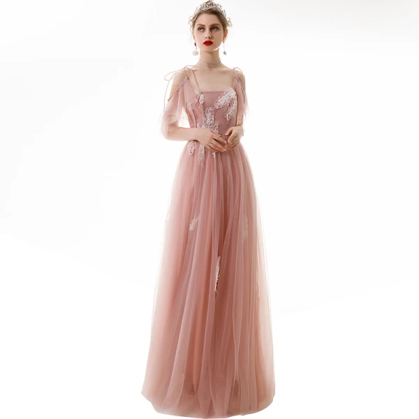 Chic / Belle Perle Rose Robe De Soirée 2020 Princesse Bretelles Spaghetti Appliques Paillettes En Dentelle Manches Courtes Dos Nu Longue Robe De Ceremonie