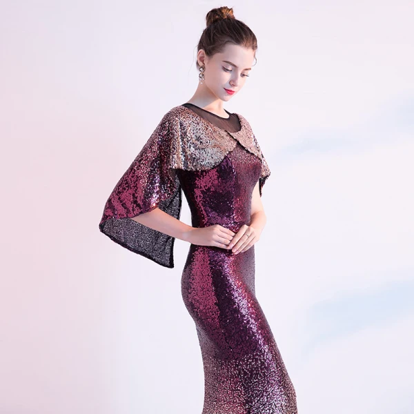 Scintillantes Dégradé De Couleur Robe De Soirée Avec Châle 2020 Trompette / Sirène Paillettes Encolure Dégagée Manches Courtes Longue Robe De Ceremonie