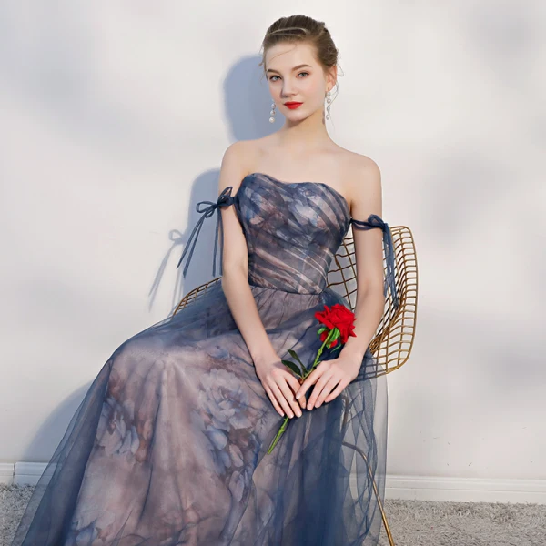 Elegant Navy Blue Evening Dresses 2018 A-Line / Princess Bow Backless Strapless Sleeveless Floor-Length / Long Formal Dresses