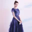 Elegant Ocean Blue Evening Dresses  2020 A-Line / Princess Scoop Neck Short Sleeve Floor-Length / Long Formal Dresses