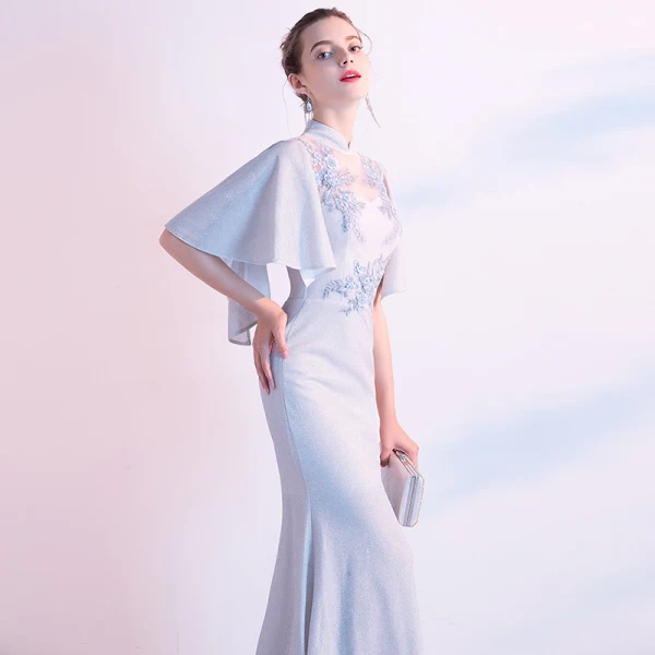 Elegant Silver Evening Dresses 2020 Trumpet / Mermaid High Neck Lace Flower Pearl Appliques 1/2 Sleeves Floor-Length / Long Formal Dresses
