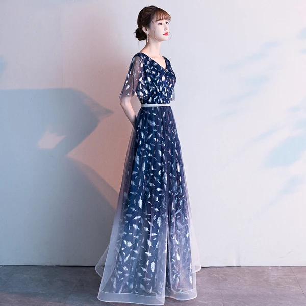 Fashion Navy Blue Evening Dresses  2020 A-Line / Princess V-Neck Feather Printing Short Sleeve Backless Floor-Length / Long Formal Dresses