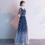 Fashion Navy Blue Evening Dresses  2020 A-Line / Princess V-Neck Feather Printing Short Sleeve Backless Floor-Length / Long Formal Dresses