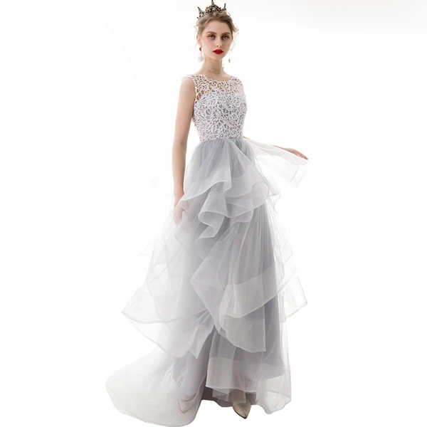 Classy Silver Prom Dresses 2020 A-Line / Princess Scoop Neck Lace Sequins Sleeveless Cascading Ruffles Sweep Train Formal Dresses