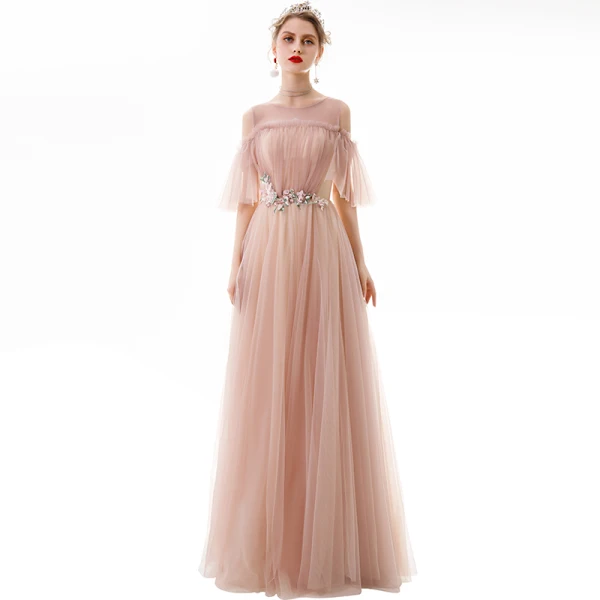 Classy Pearl Pink Evening Dresses  2020 A-Line / Princess Scoop Neck Lace Flower Appliques Crystal Short Sleeve Backless Floor-Length / Long Formal Dresses