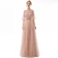 Classy Pearl Pink Evening Dresses  2020 A-Line / Princess Scoop Neck Lace Flower Appliques Crystal Short Sleeve Backless Floor-Length / Long Formal Dresses
