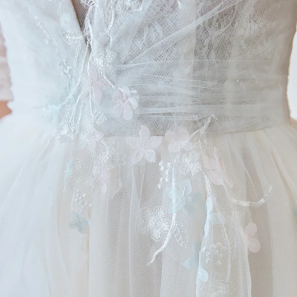 Charming Ivory Wedding Dresses 2020 A-Line / Princess Off-The-Shoulder Lace Flower Appliques Short Sleeve Backless Court Train