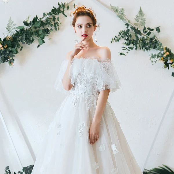 Charming Ivory Wedding Dresses 2020 A-Line / Princess Off-The-Shoulder Lace Flower Appliques Short Sleeve Backless Chapel Train