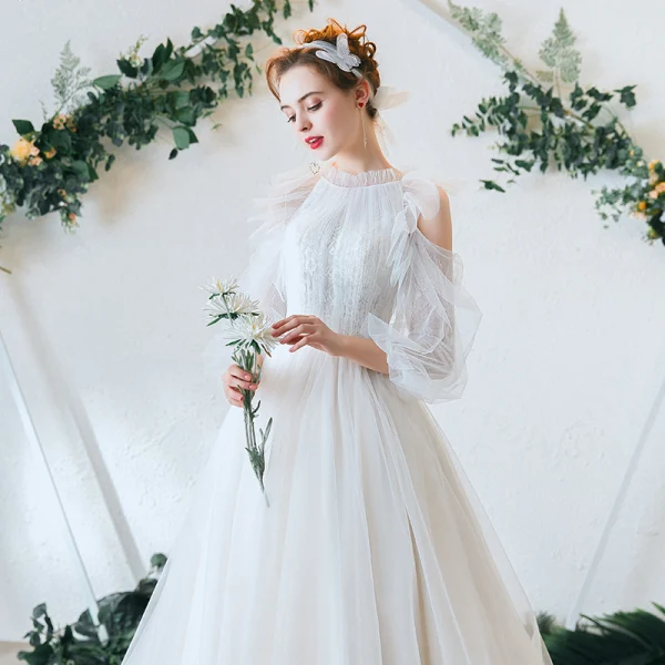 Élégant Ivoire Robe De Mariée 2020 Princesse Volants Encolure Dégagée En Dentelle Fleur 3/4 Manches Dos Nu Tribunal Train