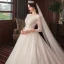 Chic Ivoire Robe De Mariée 2020 Princesse En Dentelle Perlage Étoile Paillettes Perle V-Cou Dos Nu 3/4 Manches Cathedral Train