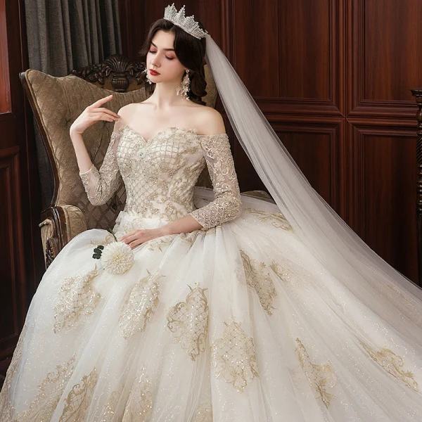 Charming Champagne Wedding Dresses 2020 A-Line / Princess Off-The-Shoulder Beading Sequins Lace Pearl 3/4 Sleeve Backless Cathedral Train