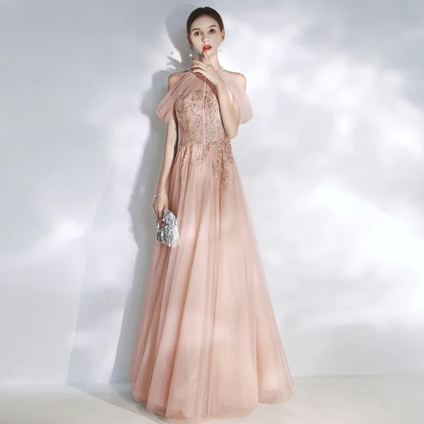 Chic / Beautiful Pearl Pink Evening Dresses 2020 A-Line / Princess Scoop Neck Beading Pearl Lace Flower Sequins Sleeveless Backless Floor-Length / Long Formal Dresses