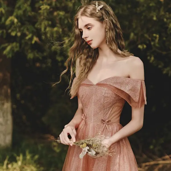 Fashion Glitter Orange Prom Dresses 2021 A-Line / Princess Off-The-Shoulder Short Sleeve Backless Floor-Length / Long Formal Dresses