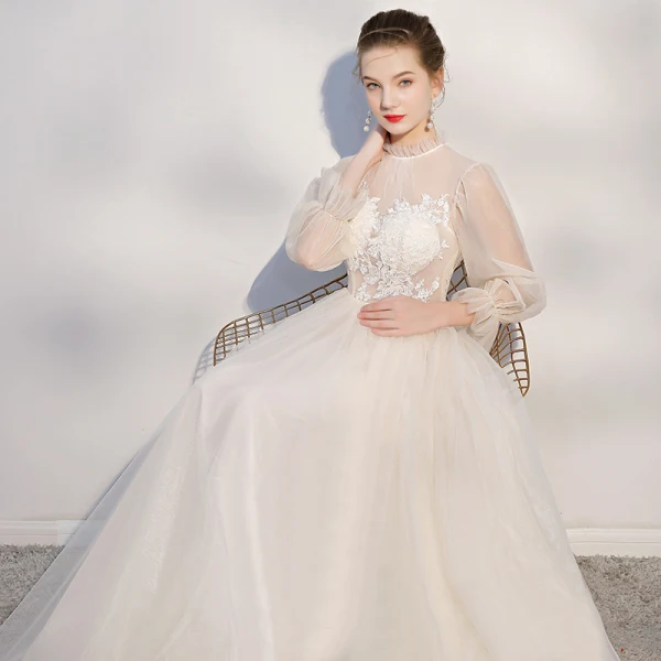 Elegant Champagne Beach Wedding Dresses 2018 A-Line / Princess Lace Appliques Scoop Neck Backless Long Sleeve Chapel Train Wedding