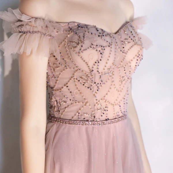 Classy Blushing Pink Evening Dresses  2020 A-Line / Princess Off-The-Shoulder Beading Crystal Pearl Sleeveless Backless Floor-Length / Long Formal Dresses
