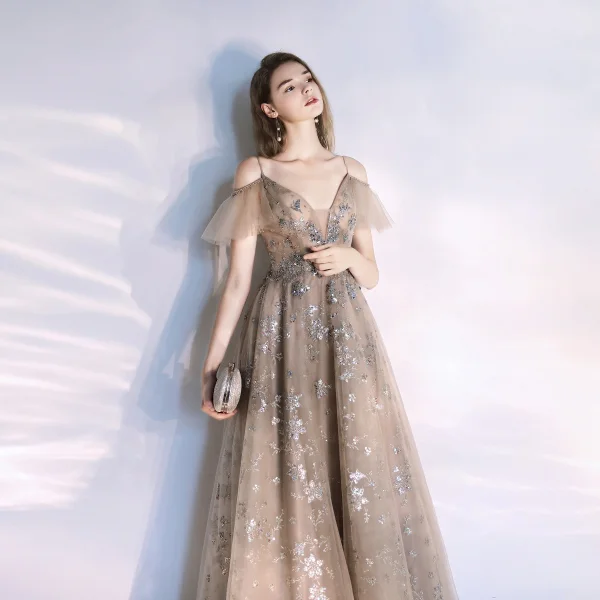 Fashion Khaki Evening Dresses  2020 A-Line / Princess Spaghetti Straps Beading Crystal Lace Sequins Short Sleeve Backless Floor-Length / Long Formal Dresses