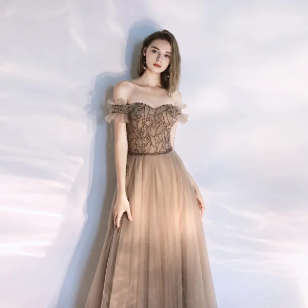 Classy Champagne Evening Dresses 2020 A-Line / Princess Off-The-Shoulder Beading Crystal Sleeveless Backless Floor-Length / Long Formal Dresses