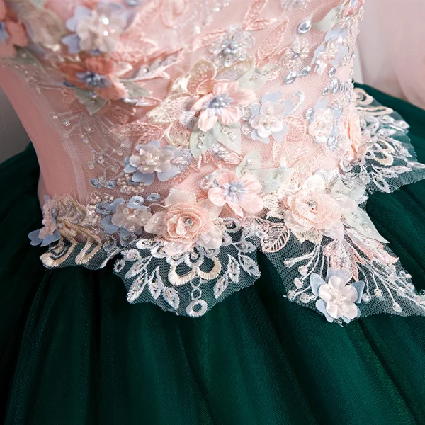 Elegant Dark Green Prom Dresses 2020 Ball Gown Scoop Neck Beading Rhinestone Appliques Lace Flower 3/4 Sleeve Backless Floor-Length / Long Formal Dresses