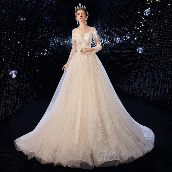 Charming Champagne Wedding Dresses 2020 A-Line / Princess Scoop Neck Beading Sequins Lace Flower 3/4 Sleeve Backless Court Train