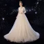 Charming Champagne Wedding Dresses 2020 A-Line / Princess Scoop Neck Beading Sequins Lace Flower 3/4 Sleeve Backless Court Train