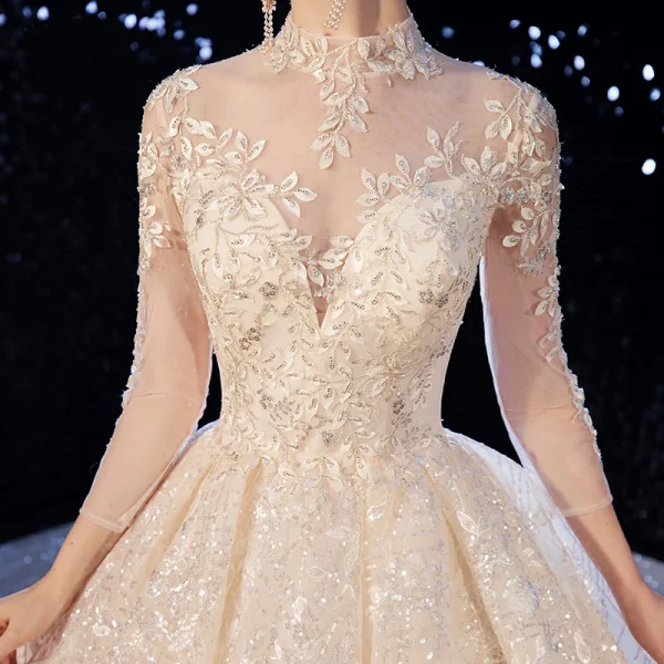 Luxury / Gorgeous Champagne Wedding Dresses 2020 Ball Gown High Neck Sequins Lace Flower Appliques 3/4 Sleeve Backless Royal Train