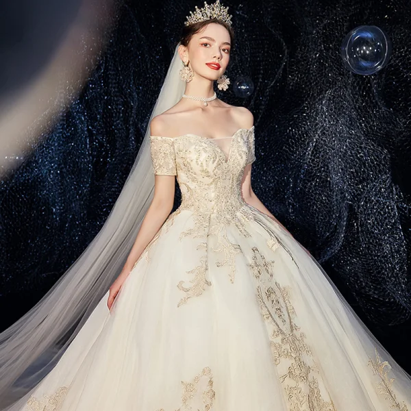 Luxury / Gorgeous Champagne Wedding Dresses 2020 Ball Gown Off-The-Shoulder Beading Sequins Lace Flower Short Sleeve Backless Royal Train