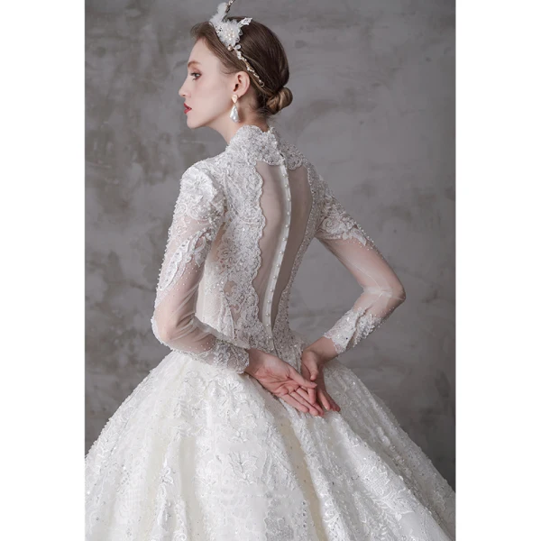 High-end Ivory Wedding Dresses 2020 A-Line / Princess V-Neck Beading Pearl Rhinestone Sequins Lace Flower 3/4 Sleeve Royal Train