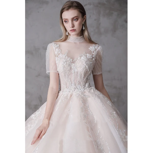 High-end Champagne Wedding Dresses 2020 Ball Gown High Neck Beading Sequins Lace Flower Short Sleeve Backless Royal Train