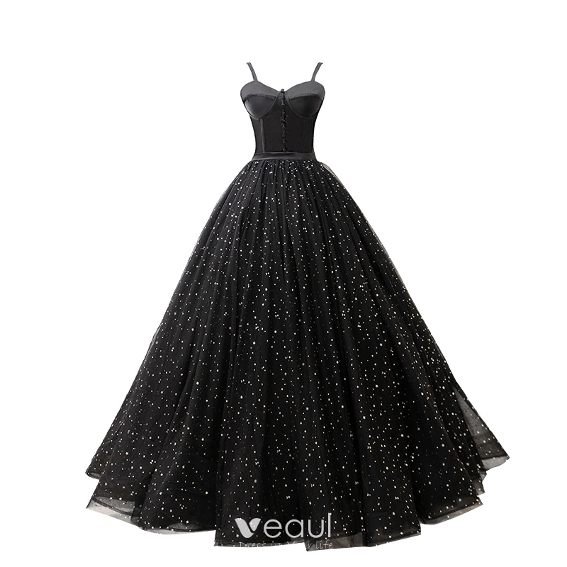 Elegant Black Prom Dresses 2020 A Line Princess Spaghetti Straps Star Sequins Sleeveless Backless Floor Length