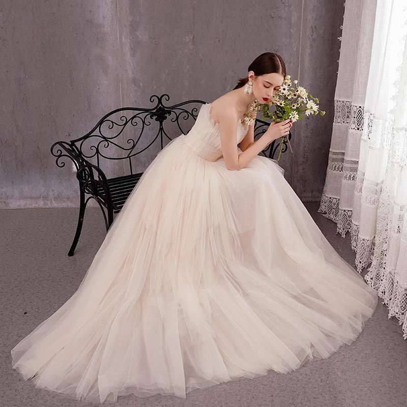 beach wedding dresses champagne Champagne Beach Wedding Dress Tulle Long With Lace – Newinlook