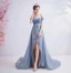Fashion Sky Blue Evening Dresses  2020 A-Line / Princess Off-The-Shoulder Beading Crystal Glitter Appliques Sleeveless Backless Sweep Train Formal Dresses