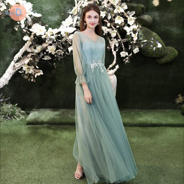 Modest / Simple Mint Green Bridesmaid Dresses 2021 A-Line / Princess Scoop Neck Lace Flower 1/2 Sleeves Backless Floor-Length / Long Tulle Wedding Party Dresses