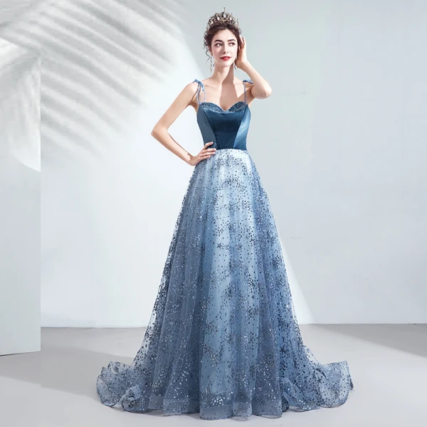Charmant Océan Bleu Robe De Soirée 2020 Princesse Daim Bretelles Spaghetti Perlage Cristal Glitter Paillettes Sans Manches Dos Nu Tribunal Train Robe De Ceremonie