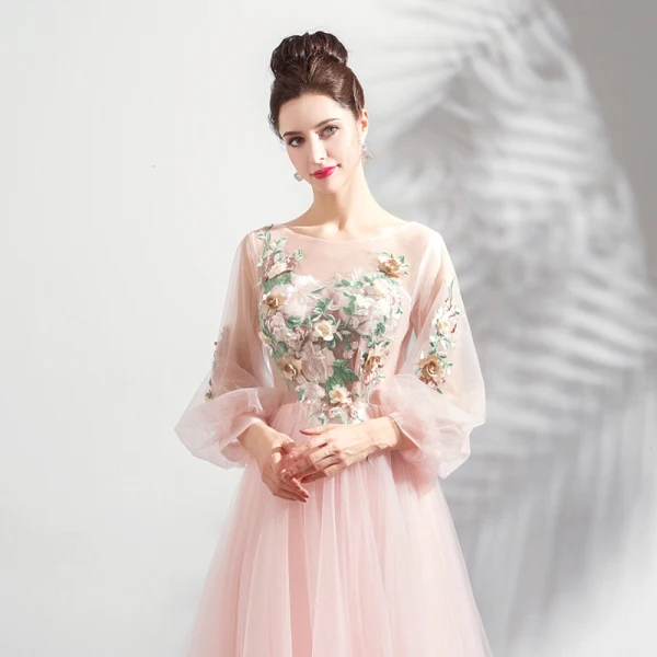 Flower Fairy Blushing Pink Prom Dresses 2020 A-Line / Princess Scoop Neck Lace Flower Appliques 3/4 Sleeve Backless Court Train Formal Dresses