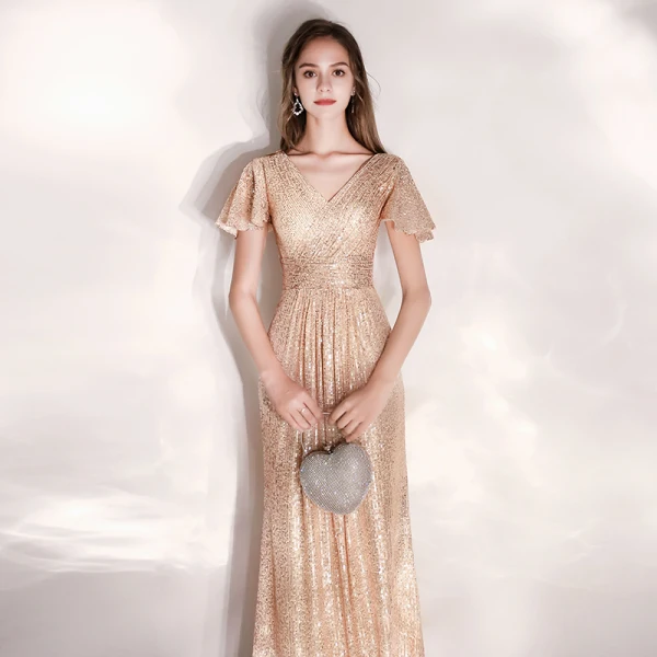 Sparkly Champagne Evening Dresses 2019 A-Line / Princess V-Neck Sequins Short Sleeve Floor-Length / Long Formal Dresses