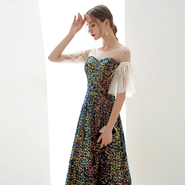 Charmant Multi-Couleurs Robe De Soirée 2019 Princesse Encolure Dégagée Paillettes 1/2 Manches Dos Nu Longue Robe De Ceremonie