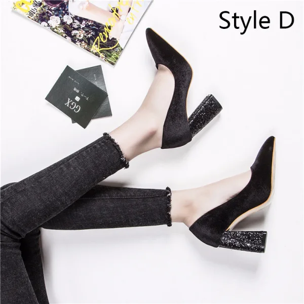 Charmant Bordeaux Soirée Sandales Femme 2019 Paillettes Daim Bride Cheville 8 cm Talons Épais À Bout Pointu Sandales