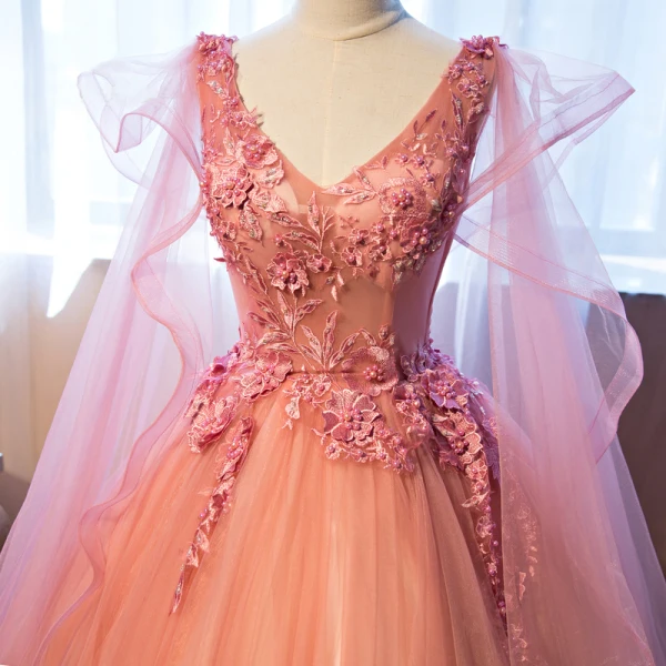 Chic / Beautiful Pearl Pink Cascading Ruffles Formal Dresses 2018 Ball Gown Lace Appliques Pearl V-Neck Sleeveless Watteau Train Backless Floor-Length / Long Prom Dresses