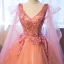 Chic / Beautiful Pearl Pink Cascading Ruffles Formal Dresses 2018 Ball Gown Lace Appliques Pearl V-Neck Sleeveless Watteau Train Backless Floor-Length / Long Prom Dresses