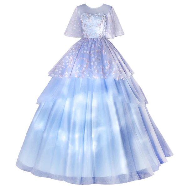 Classy Sky Blue Prom Dresses 2021 Ball Gown Scoop Neck Embroidered Appliques Short Sleeve Floor-Length / Long Formal Dresses