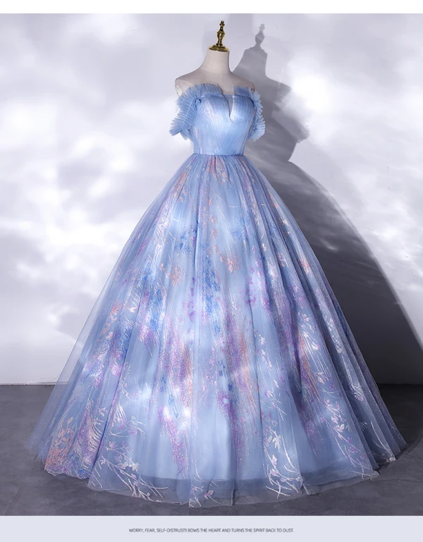 Elegant Sky Blue Glitter Prom Dresses 2021 Ball Gown Ruffle Square Neckline Sleeveless Backless Floor-Length / Long Formal Dresses