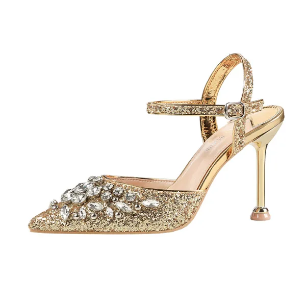 Glittrande Silver Afton Damskor 2019 Ankelband Rhinestone Paljetter 9 cm Stilettklackar Spetsiga Högklackade