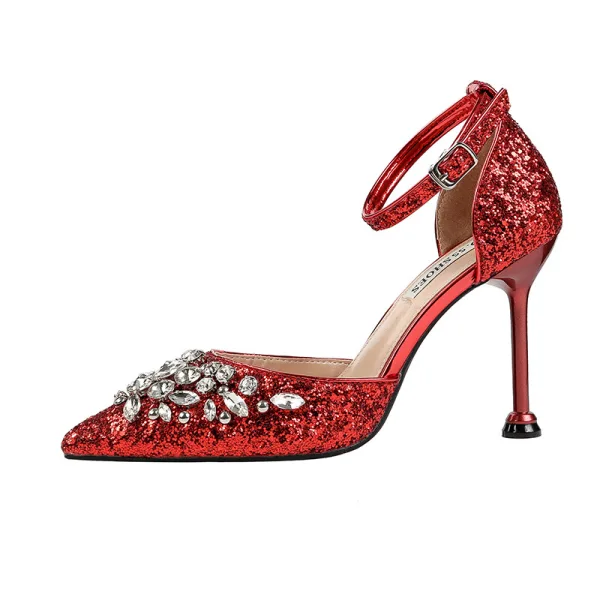 Sparkly Rose Gold Evening Party Womens Shoes 2019 Sequins Ankle Strap Rhinestone 9 cm Stiletto Heels Pointed Toe High Heels