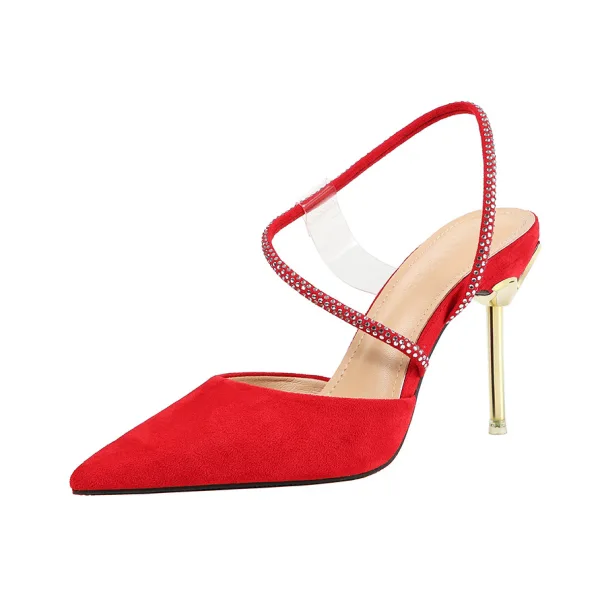 Simple Rouge Cocktail Soirée Chaussures Femmes 2019 Daim Faux Diamant 9 cm Talons Aiguilles À Bout Pointu Talons Hauts