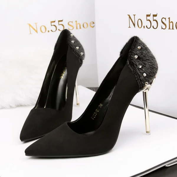 Stilig Brun Casual Pumps 2019 Mocka Nit 10 cm Stilettklackar Spetsiga Pumps