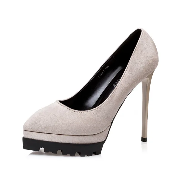 Stilig Kaki Kontors Pumps 2019 Mocka 12 cm Stilettklackar Spetsiga Pumps