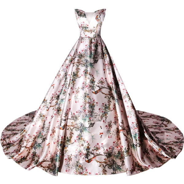 Schick Multifarben Drucken Satin Ballkleider 2021 A Linie Bandeau Ärmellos Rückenfreies Kathedrale Schleppe Festliche Kleider