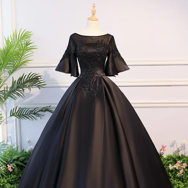 Elegant Black Quinceañera Prom Dresses 2018 Ball Gown Lace Flower Beading Crystal Scoop Neck Backless 1/2 Sleeves Floor-Length / Long Formal Dresses