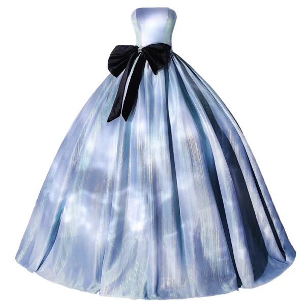 Illusion Sky Blue Prom Dresses 2021 Ball Gown Strapless Bow Sleeveless Backless Floor-Length / Long Formal Dresses